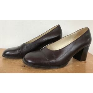 J Crew Italy Brown Leather Chunky Block High Heel Round Cap Toe Pumps 8.5 39
